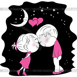 Loving couple standing head to head at night - vector image