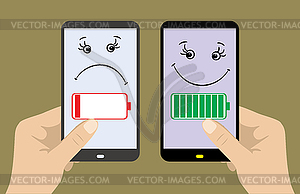 One sad - discharged, second fun - with full charge - royalty-free vector image