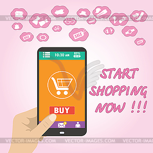 Hand holding smartphone purchase via phone, shoppin - vector clip art