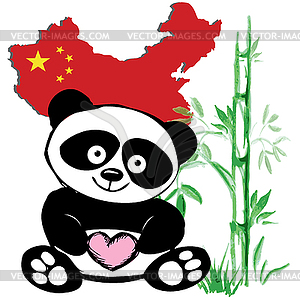 Little cute panda with bamboo and Chinese flag - vector image