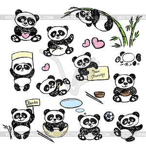 Set Cute Panda in various poses, hand drawing - vector image