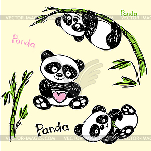 Cute Panda in different poses, hand drawing - vector clipart