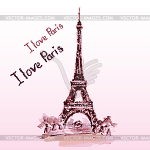 Eiffel tower,lettering,pink hearts. watercolor decor - vector image