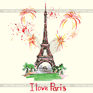 Eiffel tower,lettering,pink hearts. watercolor decor - vector clipart