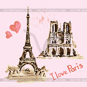 Notre Dame de Paris Cathedral, Eiffel Tower, France - vector image