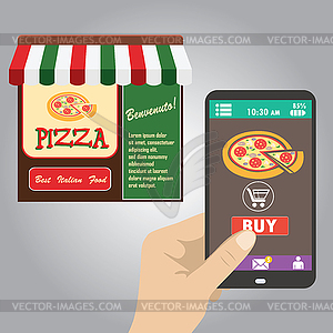 Hand holding smart phone, order pizza using - vector clip art