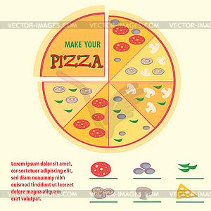 Pizza with different toppings, icons, space for - royalty-free vector image