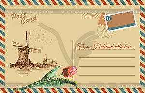 Vintage postcard with Netherlands windmill - vector clipart