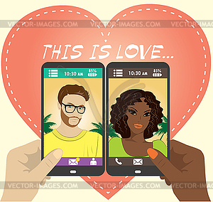 Beautiful young man and woman in love on screen of - vector clip art