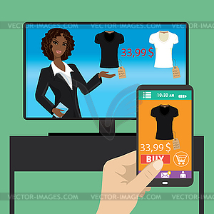 Woman is purchasing black t-shirt online in TV - vector image