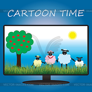 Cartoon about sheep on TV screen, flat design - vector clip art