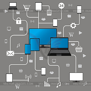 Conceptual picture of connection between gadgets, - color vector clipart