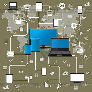 Conceptual picture of connection between gadgets, - vector clip art