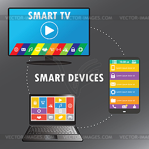 Smart device- smartphone, laptop, TV, flat design, - vector clipart