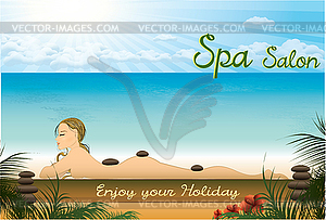 Beautiful girl lying in spa salon on beach - vector EPS clipart