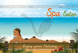 Beautiful girl lying in spa salon on beach - vector clipart