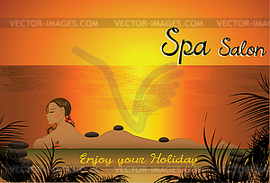 Beautiful girl lying in spa salon on beach - vector image