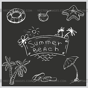 Set summer beach, white on black, hand drawing - vector clipart