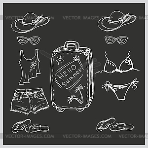 Set Beach Women`s clothing, swimsuit and suitcase, - vector clip art