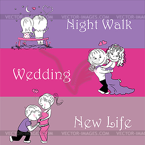 Three stages in life of lovers. Background, banner - vector clip art