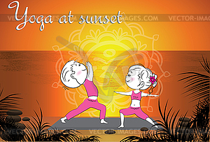 Couple doing yoga on beach at sunset, background - vector EPS clipart