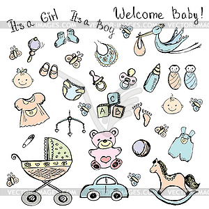 Набор новорожденных детских товаров - векторный клипарт Royalty-Free