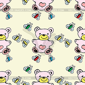 Seamless pattern cute bear and butterfly - vector image