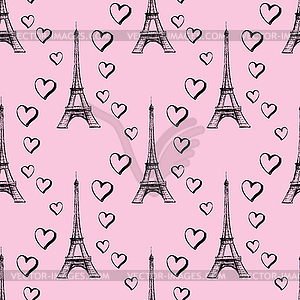 Seamless pattern Eiffel Tower with hearts - vector image