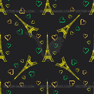 Seamless pattern Eiffel Tower with hearts - vector clip art