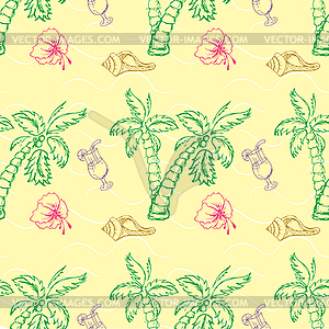 Sea shell, palm tree seamless pattern - vector clipart