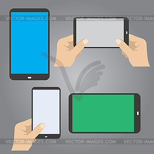 Hands hold phone in horizontal and vertical position - vector clipart