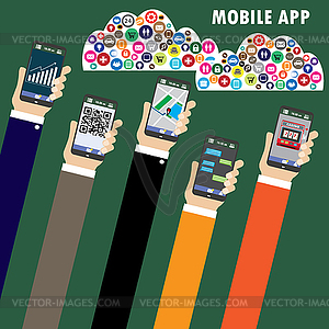 Мобильные приложения концепции. Рука с телефонами, плоский - векторное изображение EPS