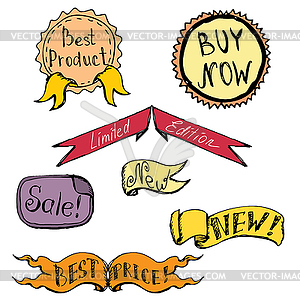Set of badge, label, ribbon doodle, hand drawing - vector EPS clipart