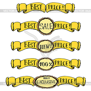 Best price- set of badge, label, ribbon doodle - vector clipart