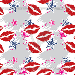 Seamless pattern red lips with stars - vector image