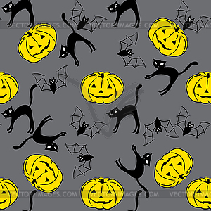 Seamless pattern with pumpkins, bets, cats - vector image