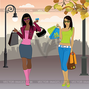 Shopping woman on background of city - vector image