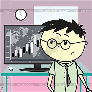 Young man in an office looking at monitor with - vector clipart