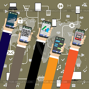 Mobile applications concept. Hand with phones, flat - vector clip art