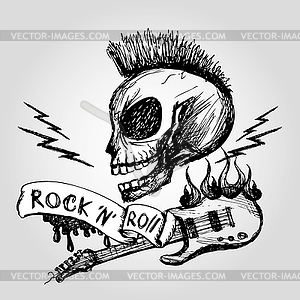 Rock and roll skull guitar . Hand drawing - vector clip art