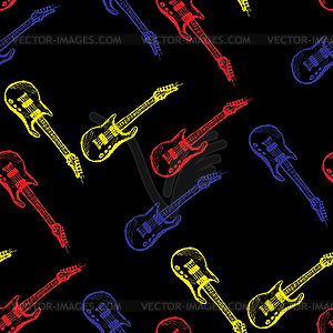 Бесшовные шаблон Цветная гитара на черном фоне - клипарт в векторном виде