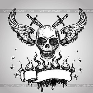 Skulls Wings Tattoo, hand drawing - vector image