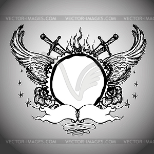 Wings, daggers, place for inscriptions. Hand drawing - vector clip art