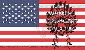 Native american indian chief headdress on usa flag - vector clipart