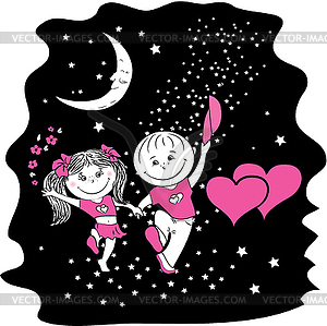 Мужчина и женщина в любви, идущие ночью на звездном - изображение векторного клипарта