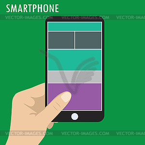 Hand holding smart phone, flat - vector image