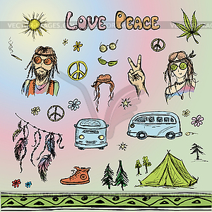 Hippie set, sketchy design - vector image