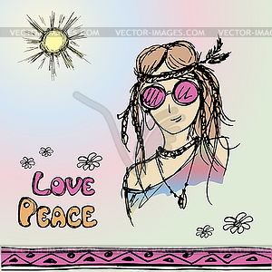 Friendly hippie with long hair making peace sign - stock vector clipart