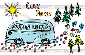 Hippie van traveling on road flower - stock vector clipart