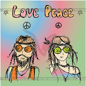 Friendly couple hippie with long hair - vector image